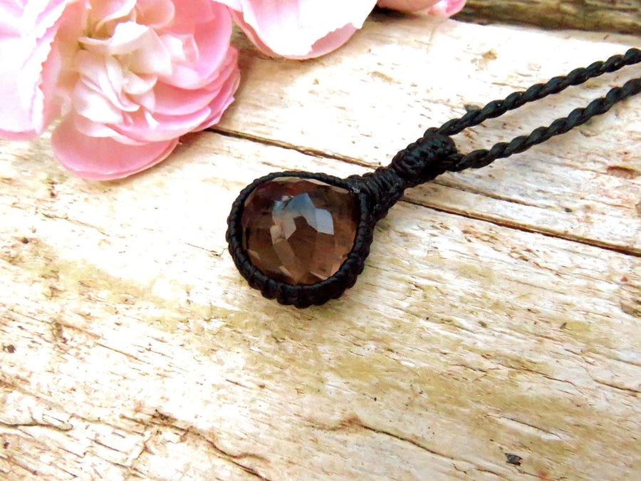 Faceted Smokey Quartz Necklace, Crystal jewelry gift, Birthstone necklace, macrame pendant