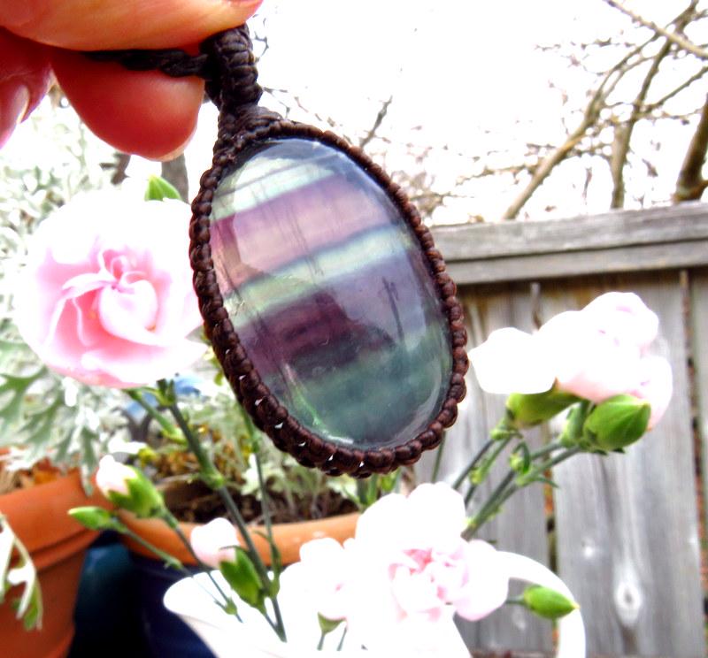 Rainbow Flourite macrame necklace, gift ideas for the mom, the yogi, the crystal collector, gemstone necklace