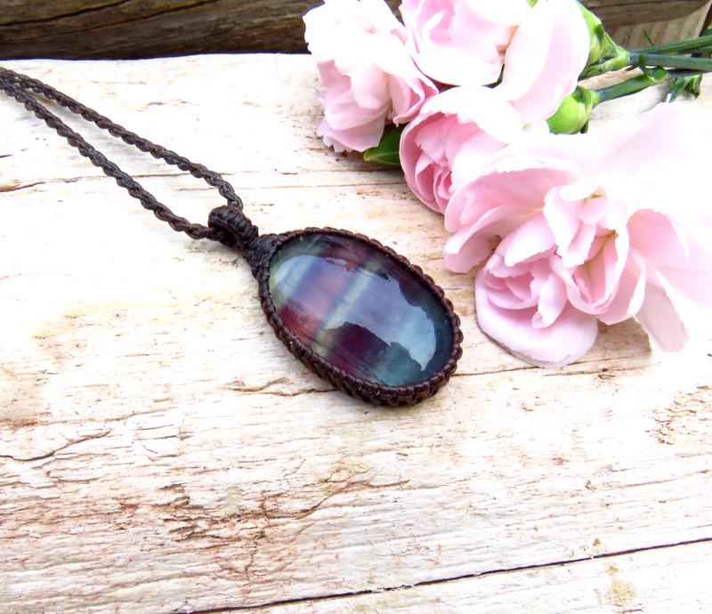 Rainbow Flourite macrame necklace, gift ideas for the mom, the yogi, the crystal collector, gemstone necklace