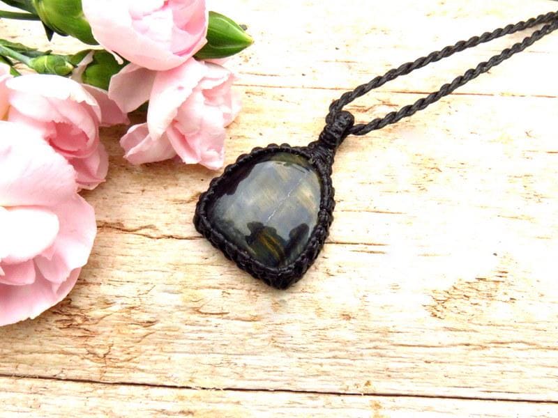 Blue Tiger Eye Macrame Necklace, gifts for him, for her, celestial holiday, for dad