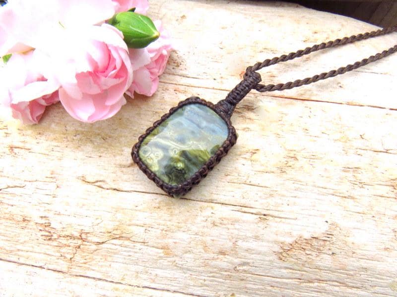 Ocean Jasper macrame necklace, gift ideas for the surfer, the coastal grandma, the ocean lover, gemstone pendant
