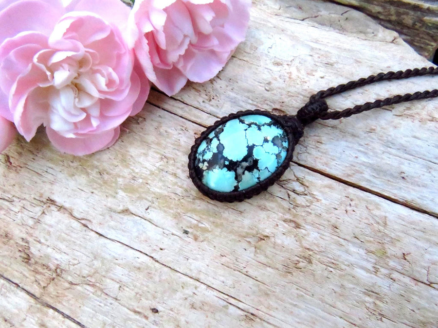 Cloud Mountain Turquoise macrame necklace, Hubei Turquoise jewelry, gift ideas for the boho beauty