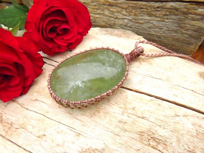 Prasolite crystal necklace, macrame necklace