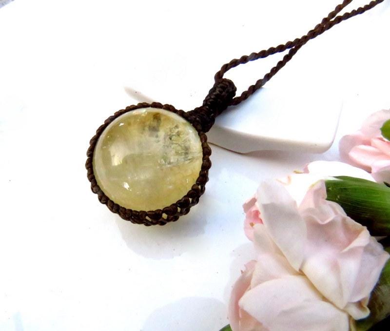 Yellow Calcite crystal sphere necklace, macrame necklace