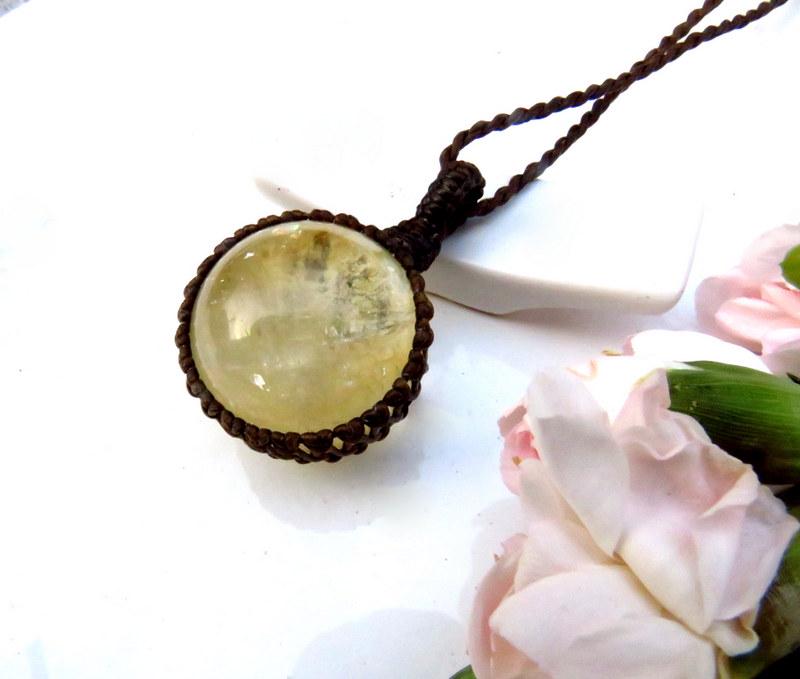 Yellow Calcite crystal sphere necklace, macrame necklace, gift ideas for the boho beauty, the zen seeker, the crystal lover, rock collector