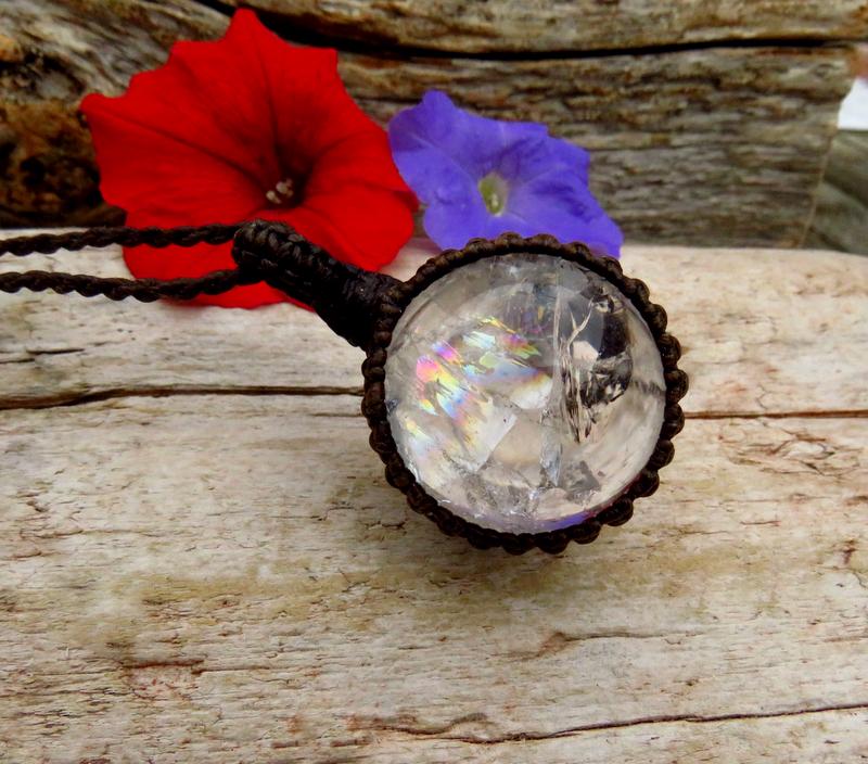 Quartz sphere crystal necklace, rainbow quartz, for boho beauty, valentines day gift for her