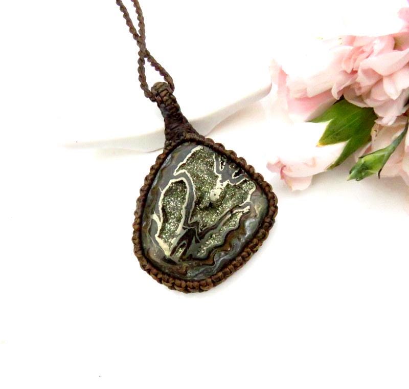 Pyritized Ammonite gemstone necklace, pyrite jewelry