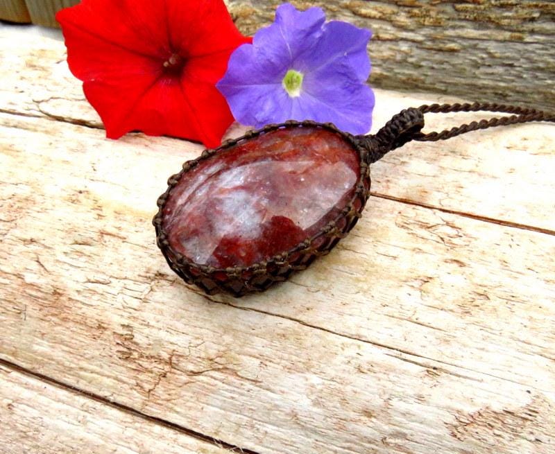 Red Hematoid Quartz necklace, handmade natural stone jewelry, macrame pendant, red fire quartz