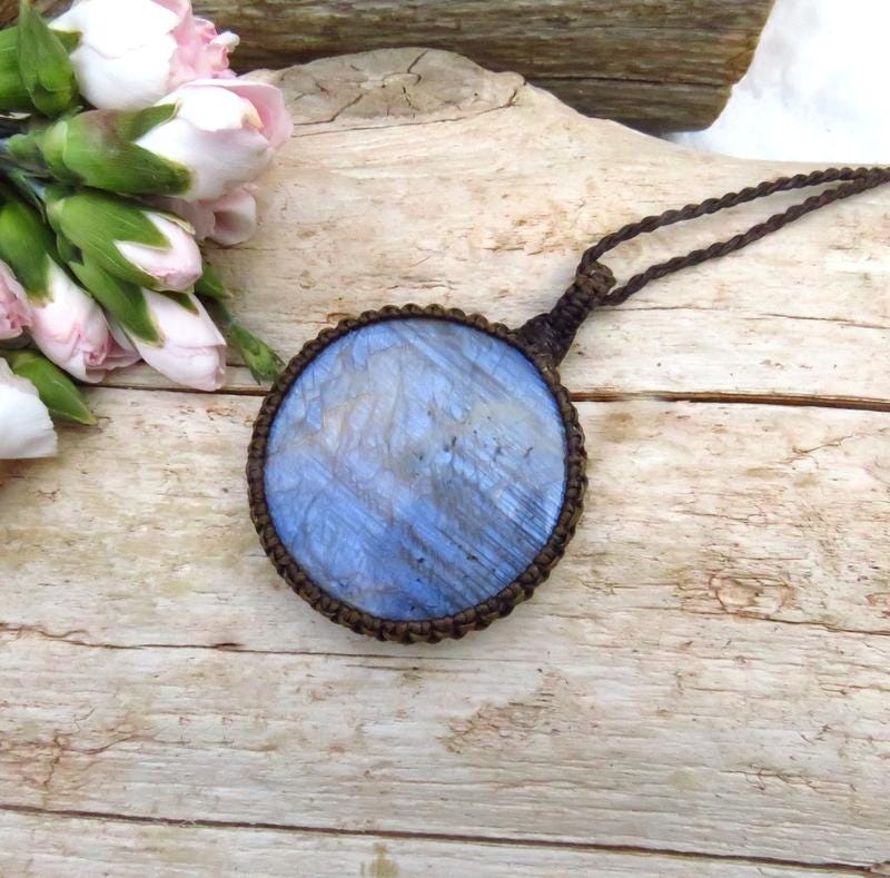 Belomorite macrame necklace, blue moonstone, gemstone jewelry, russian moonstone, gift ideas for the boho beauty