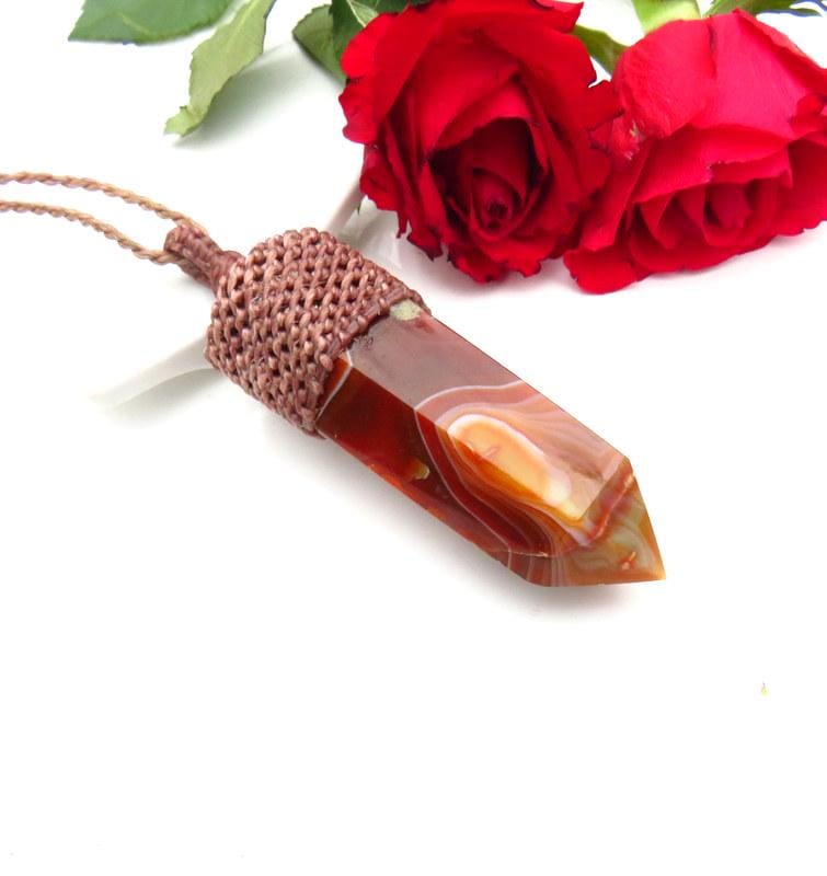 Carnelian crystal point macrame necklace, gemstone pendant