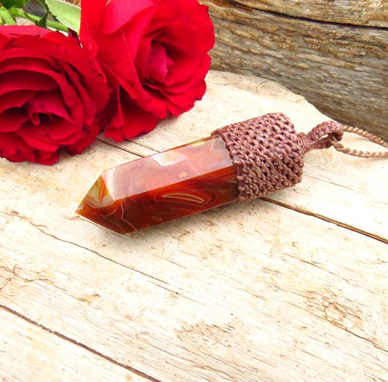 Carnelian crystal point macrame necklace, gemstone pendant