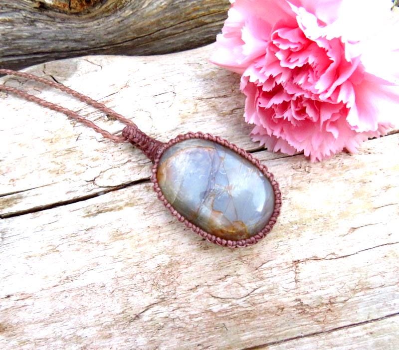 Gray Moonstone gemstone necklace,, macrame jewelry