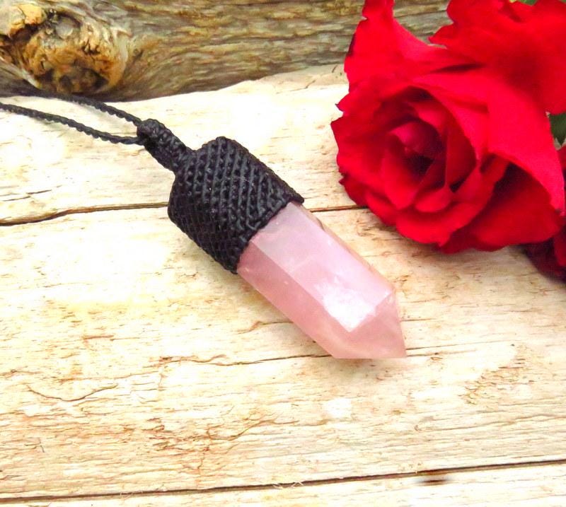 Rose Quartz Crystal Point Necklace, macrame jewelry