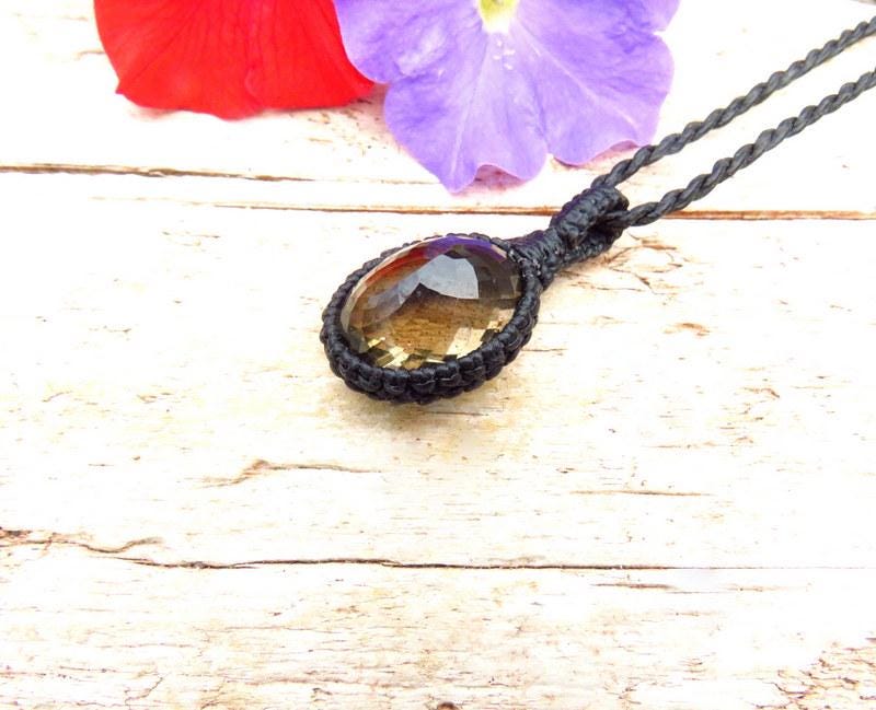 Faceted Smokey Quartz macrame necklace, Crystal jewelry