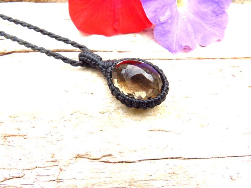 Faceted Smokey Quartz macrame necklace, Crystal jewelry