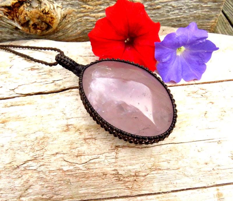 Large Rose Quartz macrame necklace, Self-Love gifts