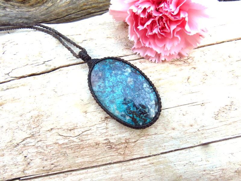Azurite macrame necklace, gemstone jewelry