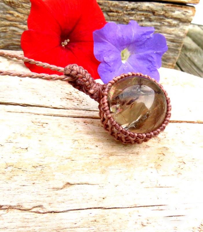 Smokey Quartz crystal sphere necklace, macrame gemstone jewelry