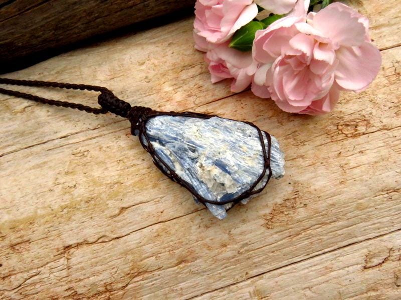 Blue Kyanite crystal macrame necklace, valentines day gift for her
