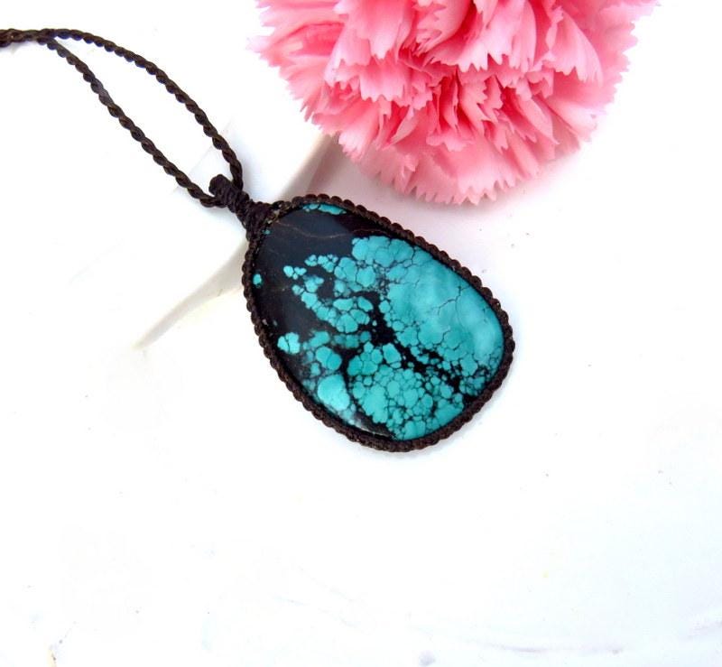 Cloud Mountain Turquoise macrame necklace, turquoise statement pendant