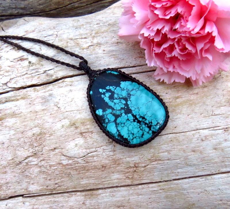 Cloud Mountain Turquoise macrame necklace, turquoise statement pendant