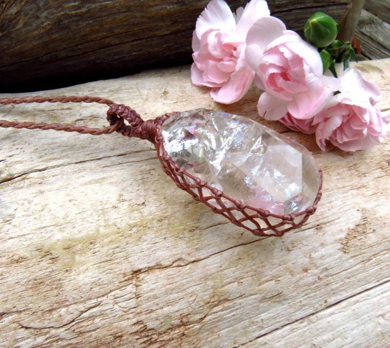 Rainbow Quartz Crystal necklace, Macrame jewelry, valentines day gift ideas for the crystal lover