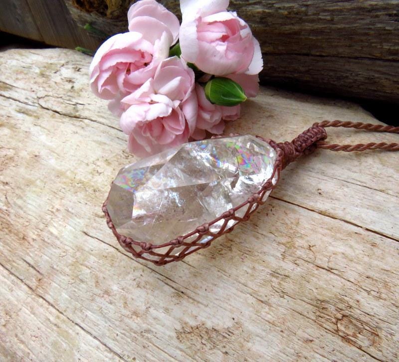 Rainbow Quartz Crystal necklace, Macrame jewelry, valentines day gift ideas for the crystal lover