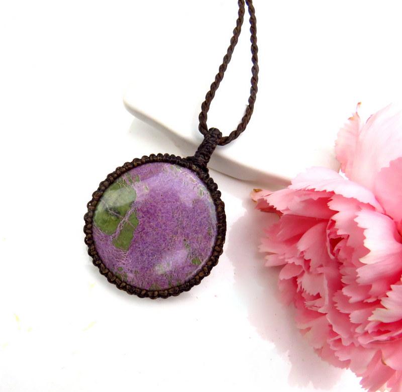 Atlantisite macrame necklace, serpentine jewelry, stichtite jewelry, macrame pendant