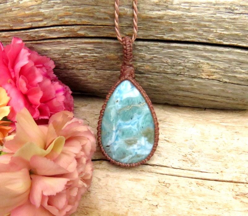 Larimar Macrame Pendant Necklace: Caribbean Blue Gemstone, Boho Summer Jewelry