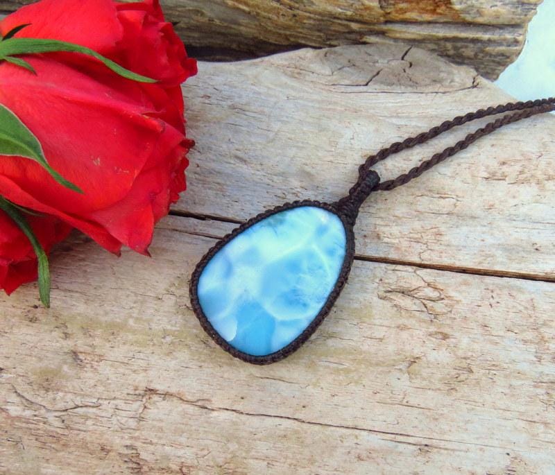 Larimar macrame necklace, blue gemstone, gift ideas for the boho beauty, the jewelry lover, beach bum