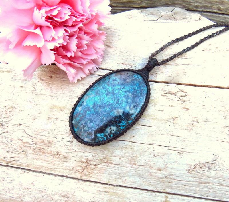 Azurite macrame necklace, gemstone jewelry