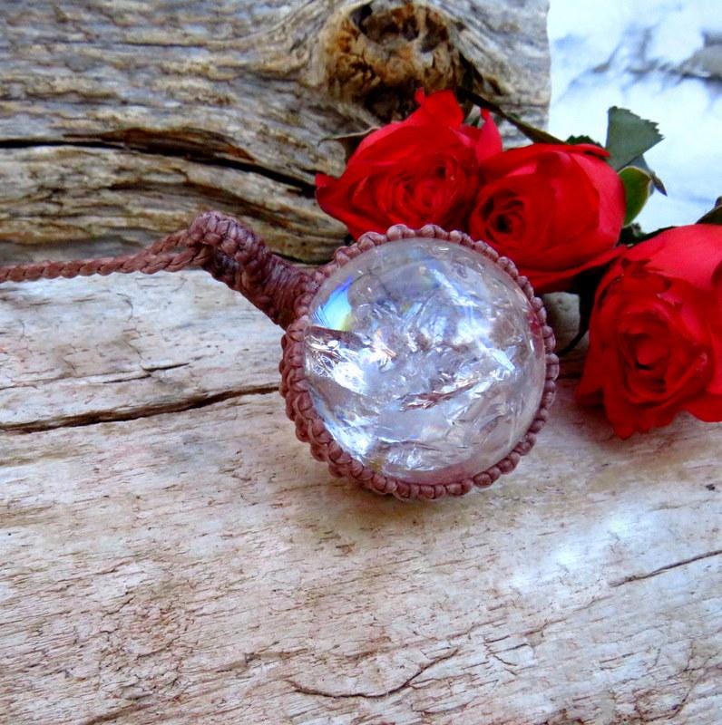 Quartz sphere crystal necklace, rainbow quartz, for boho beauty, valentines day gift for her