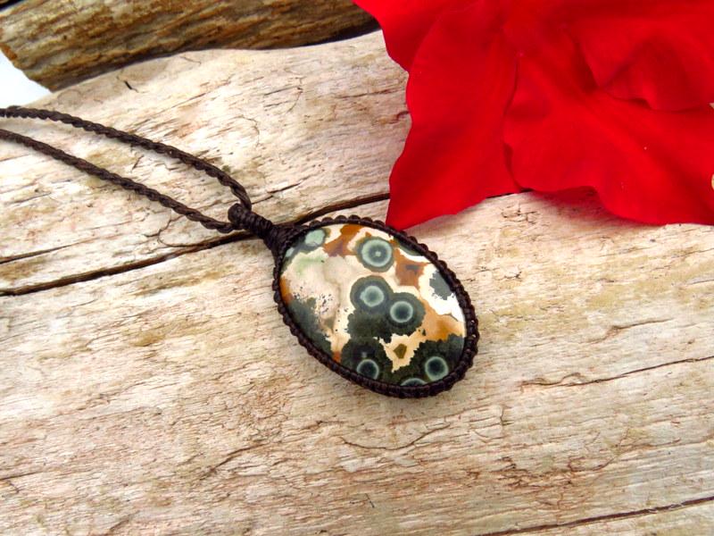 Ocean Jasper gemstone macrame necklace, gift ideas for the ocean lover, the coastal grandma, the surfer