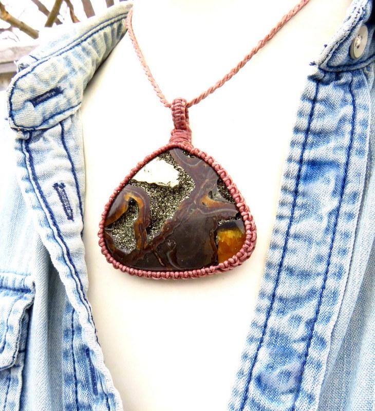 Simbircite Ammonite macrame necklace, ammonite jewelry, pyritized fossil jewelry