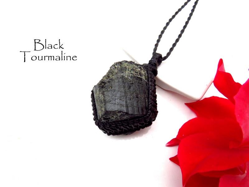 Black Tourmaline crystal necklace, macrame jewelry, gothic gift, statement necklace