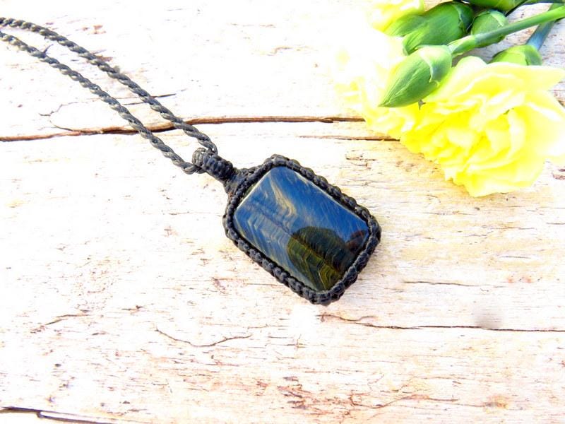 Blue Tigers Eye Macrame Necklace, gifts for him, for her, fathers day gift, gemstone jewelry