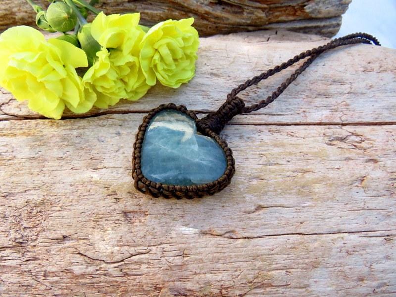 Aquamarine crystal macrame necklace, Pisces gifts, aqua blue gemstone, aqua green gem