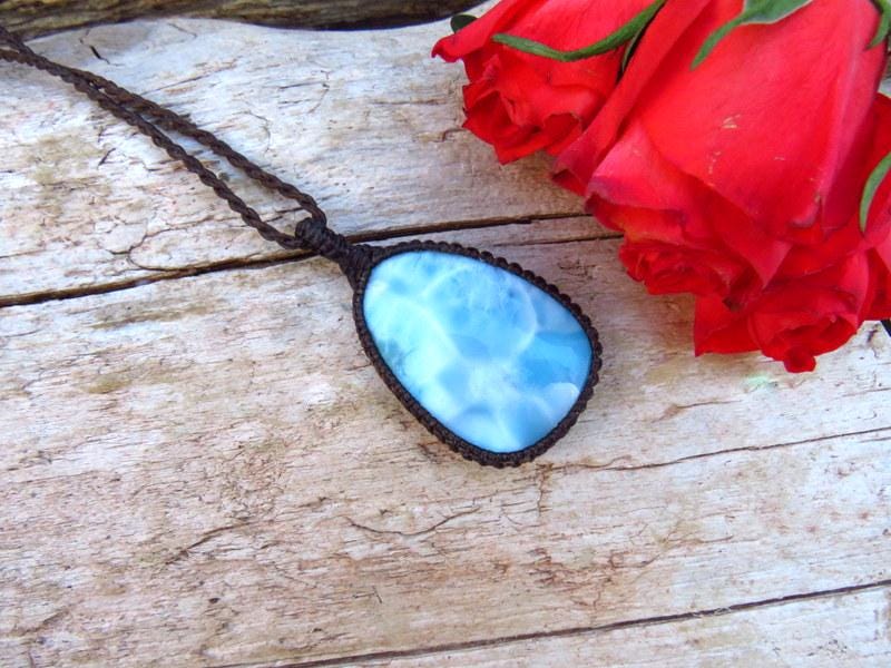 Larimar macrame necklace, blue gemstone, gift ideas for the boho beauty, the jewelry lover, beach bum