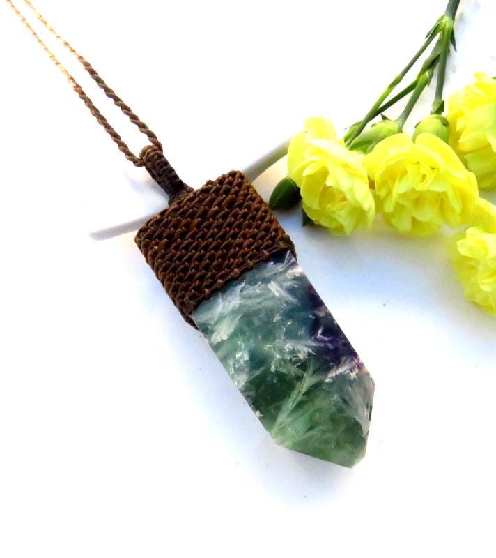 Snowflake Fluorite gemstone necklace, macrame jewelry, crystal pendant, gift ideas for the rock collector