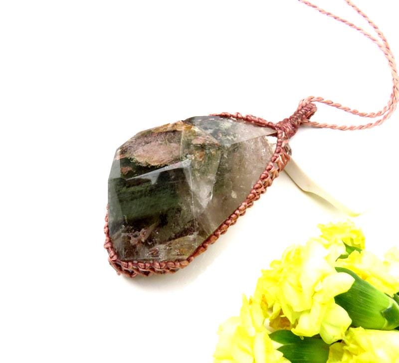 Shamanic Dream Quartz crystal necklace, statement pendant, for the gardener , healer gift ideas
