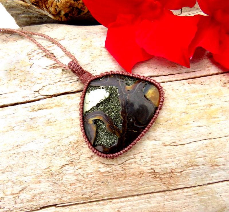 Simbircite Ammonite macrame necklace, ammonite jewelry, pyritized fossil jewelry