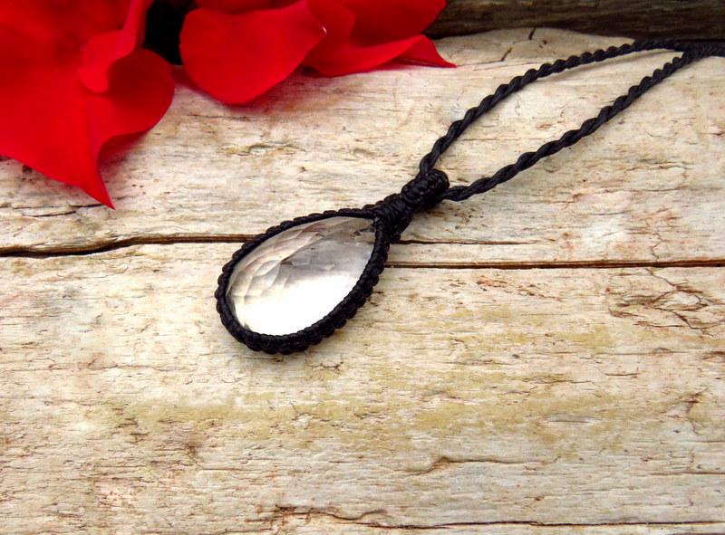 Faceted Quartz crystal necklace, macrame necklace, teardrop quartz, gift ideas for the boho beauty