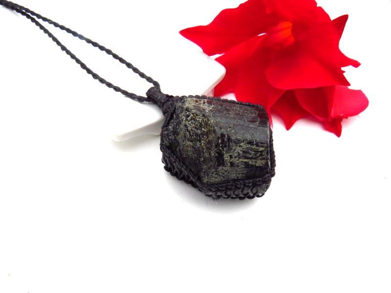 Black Tourmaline crystal necklace, macrame jewelry, gothic gift, statement necklace
