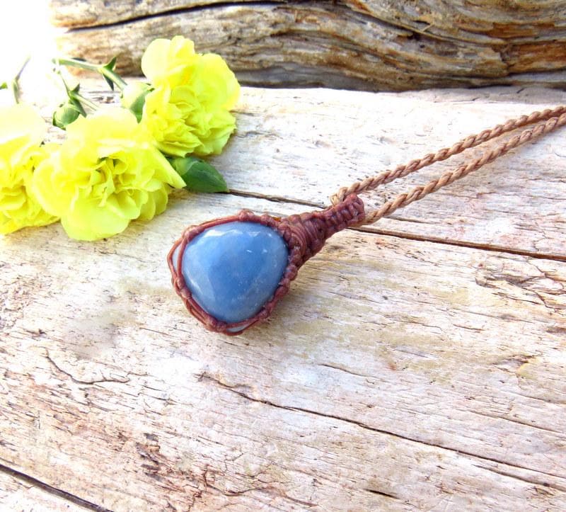 Angelite gemstone macrame necklace, angel pendant, throat chakra gemstones, gift for her