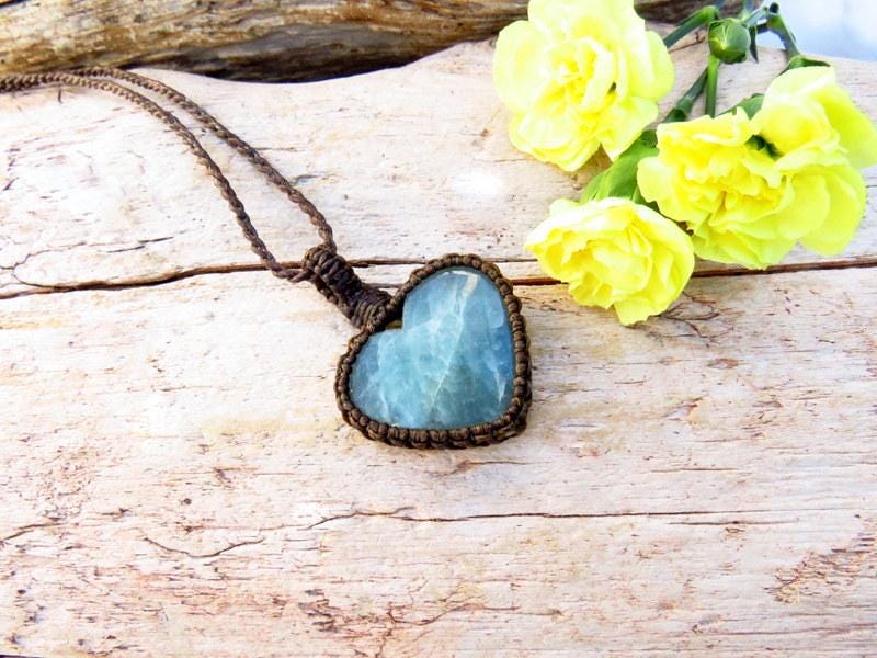 Aquamarine crystal macrame necklace, Pisces gifts, aqua blue gemstone, aqua green gem