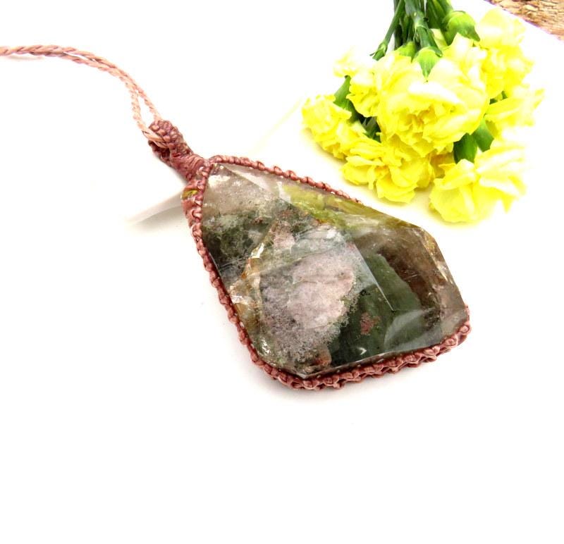 Shamanic Dream Quartz crystal necklace, statement pendant, for the gardener , healer gift ideas