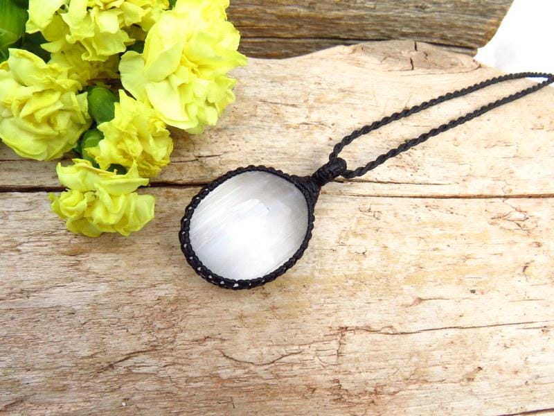 Selenite necklace, macrame jewelry, gift ideas for the rock collector, crystal collector, angel pendant