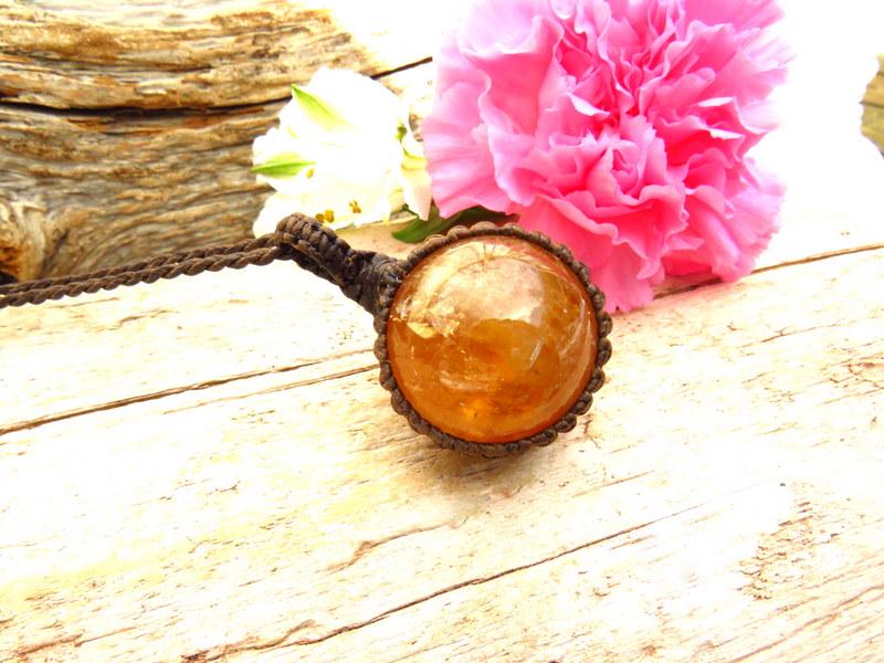 Orange Calcite crystal sphere necklace, macrame necklace, gift ideas for the boho beauty, the zen seeker, the crystal lover, rock collector