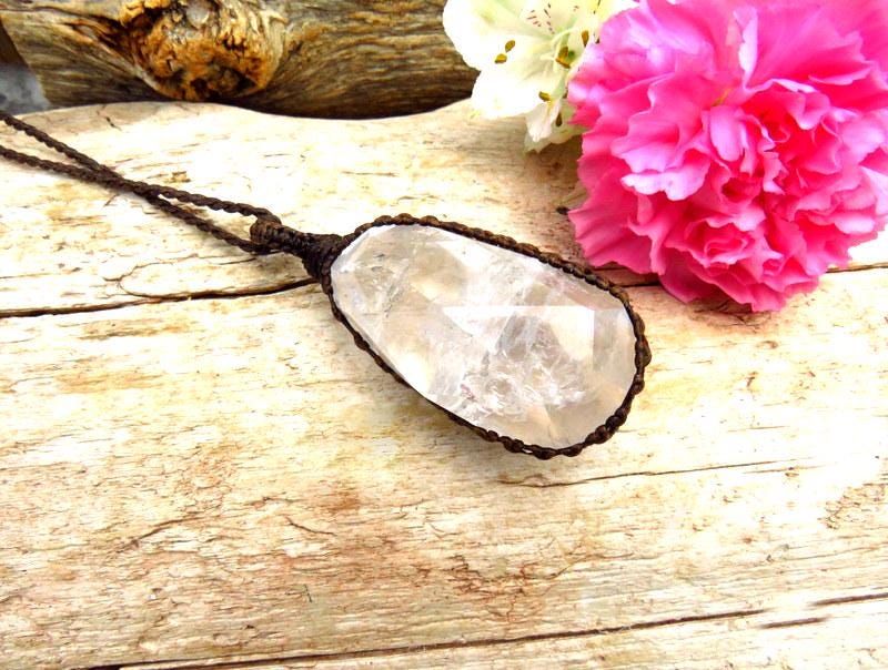 Faceted Quartz Crystal necklace, Macrame jewelry, mothers day gift ideas for the crystal lover