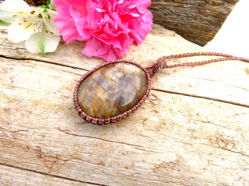 Peach Gray Moonstone gemtsone necklace, statement necklace, macrame necklace, gift ideas for the crystal collector